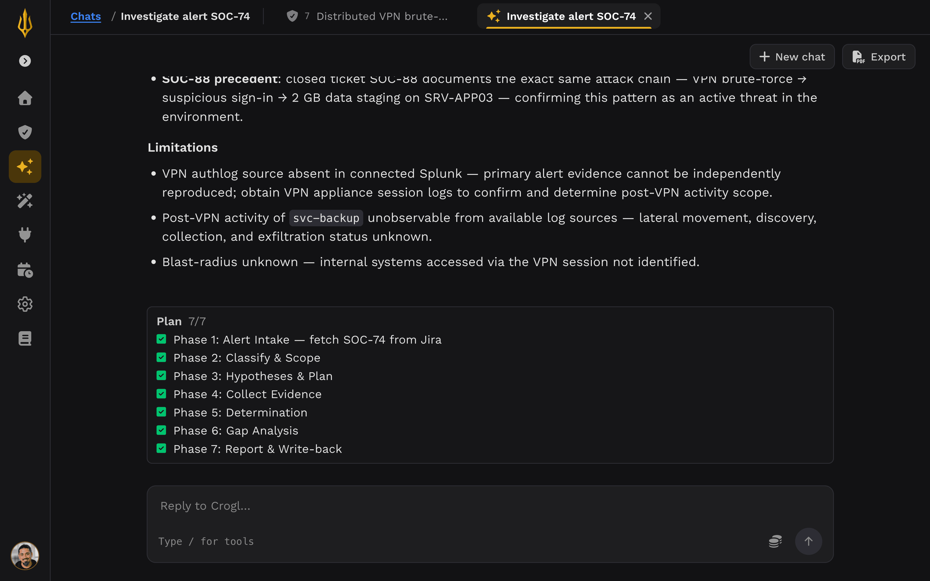 Crogl agent chat executing a 7-phase investigation plan for a VPN brute-force alert, from alert intake through report and write-back
