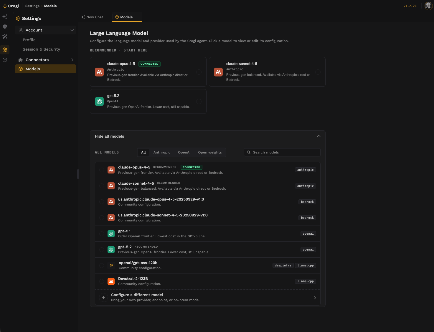 Crogl LLM configuration screen showing language model and provider settings for the Crogl agent