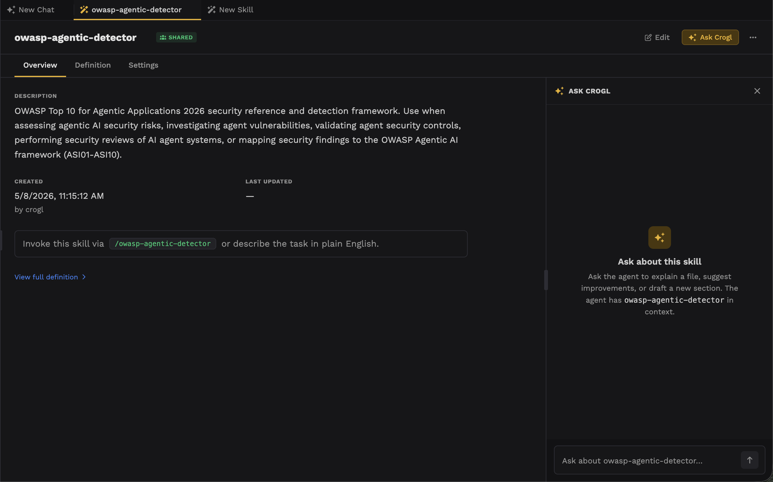 Crogl Skills interface showing the OWASP Top 10 for Agentic Applications 2026 detection skill — an example of how SOC teams encode and share institutional security knowledge