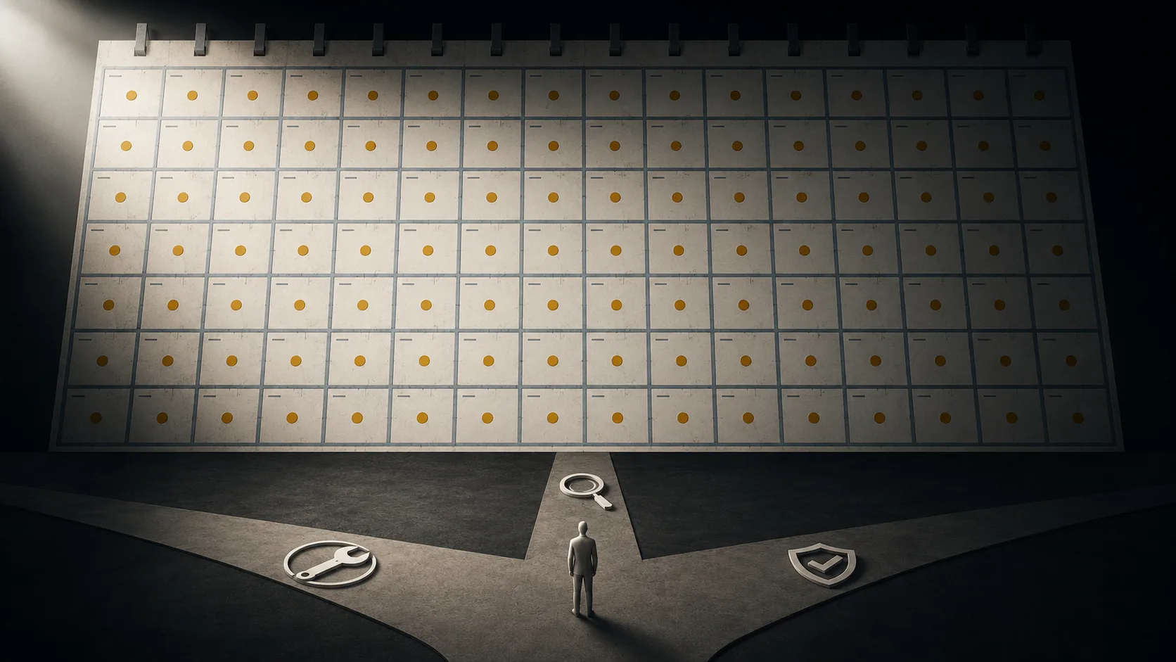 A figure at a three-way fork facing a giant wall calendar, choosing between patch, investigate, or protect — the decision framework for continuous vulnerability remediation