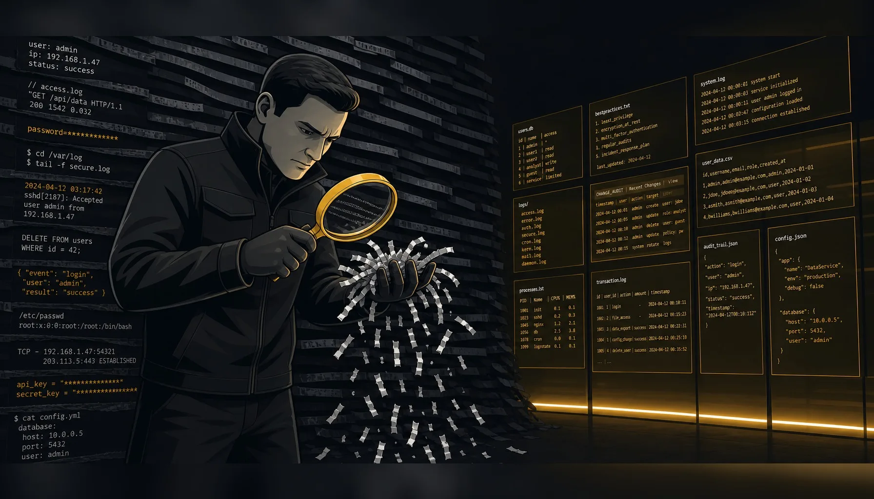 Threat hunter examining shredded log evidence, illustrating how data normalization breaks AI threat hunting.