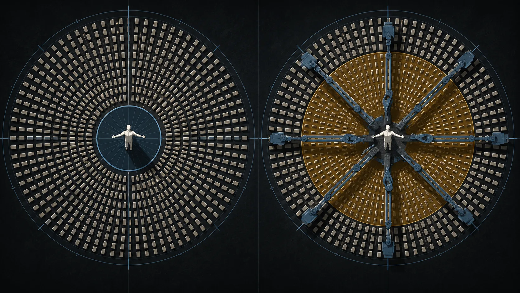 Two circular diagrams comparing an analyst's limited manual reach to the same analyst extended by mechanical arms covering far more alerts — illustrating AI augmentation, not replacement, in the SOC