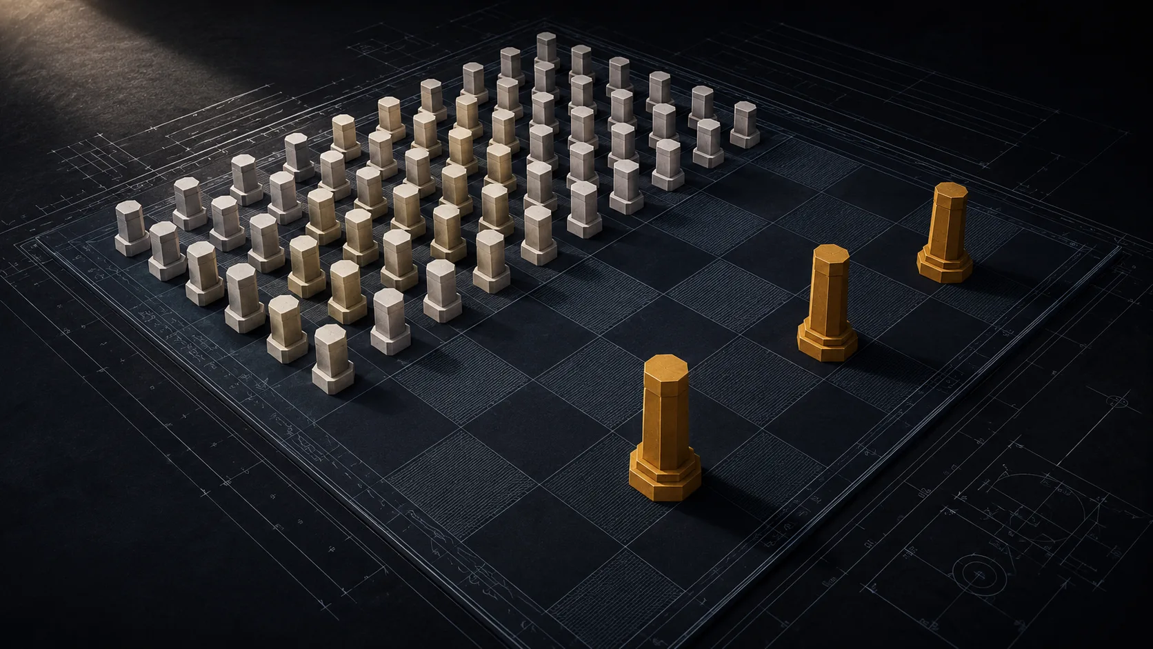 A chessboard with a large swarm of uniform white pieces advancing against three isolated gold pieces, representing the asymmetry of agentic AI between attacker and defender in the SOC