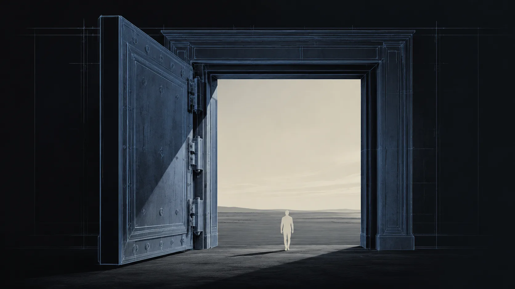 A massive vault door standing open with a lone figure walking out into open terrain, representing Crogl removing access barriers as a free AI SOC download