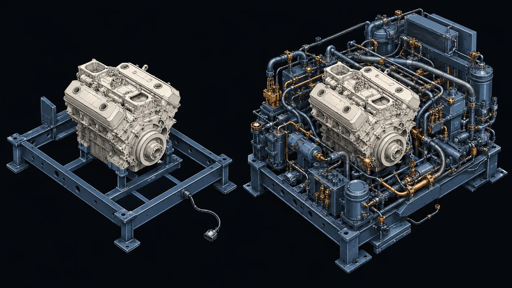 Two identical engines side by side, one bare on a simple frame and the other fully integrated with a complete piping and support harness — illustrating the gap between a raw model and a purpose-built AI harness