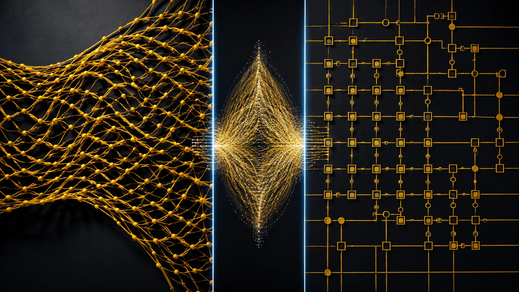 Three-part illustration of a flowing neural mesh, a converging bridge, and a rigid symbolic circuit grid — representing neurosymbolic AI combining neural reasoning with rules-based control