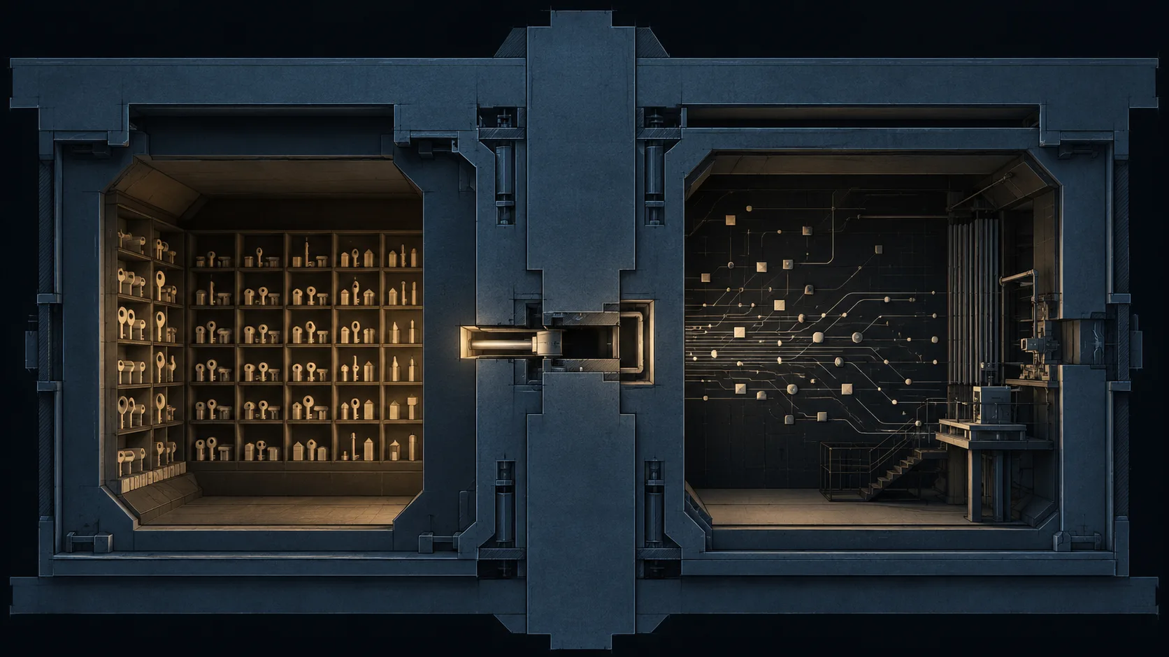 Two connected vault chambers — one storing rows of keys, the other housing a networked circuit system — linked by a secure lock, representing secrets management for AI SOC agents