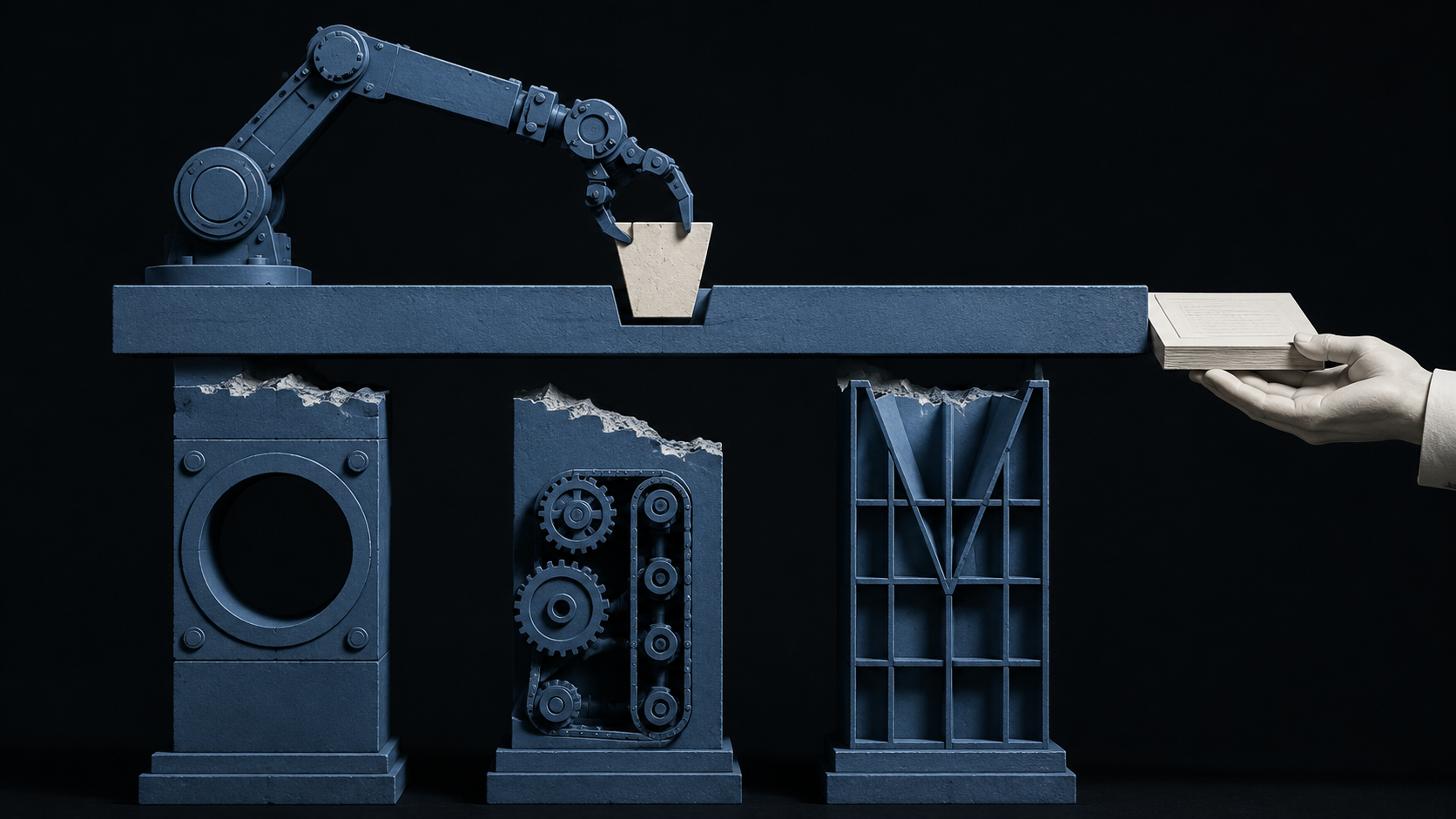 Three distinct stone pedestals, a robotic arm, a set of gears, and a wire-frame lattice, supporting a bridge that a hand extends a book across, illustrating three tools that solve different parts of the same problem