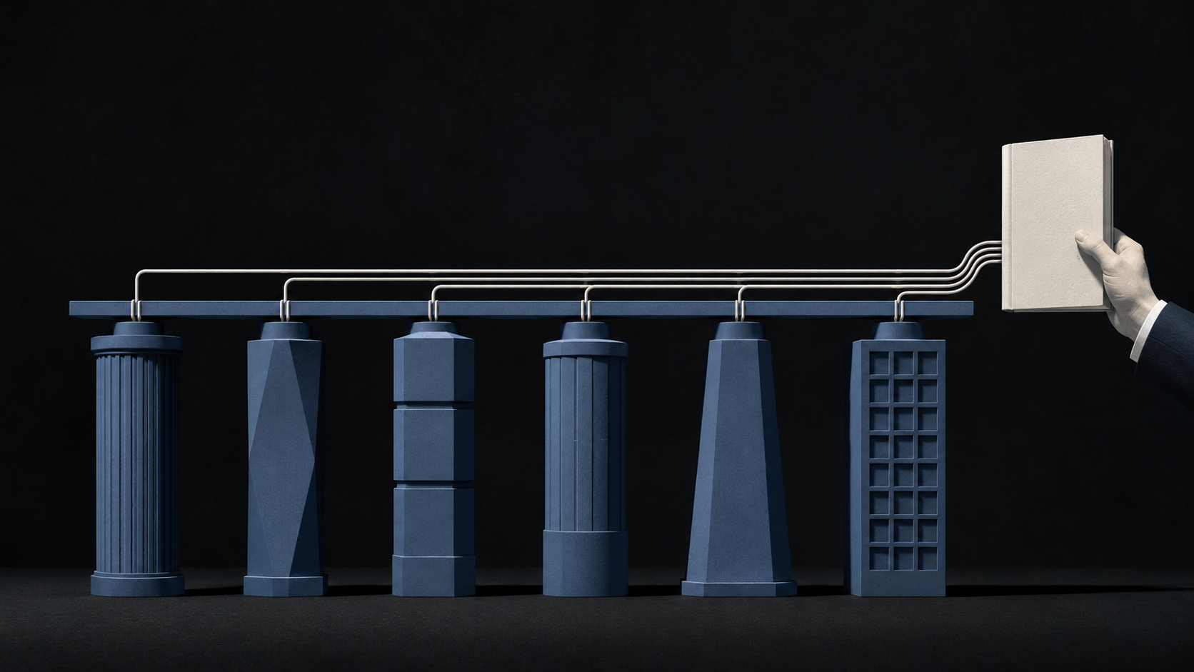 Six stone pillars representing SIEM, EDR/XDR, SOAR, threat intelligence, case management, and network/vulnerability tooling, each piped into a single connected stack reaching a hand holding a book