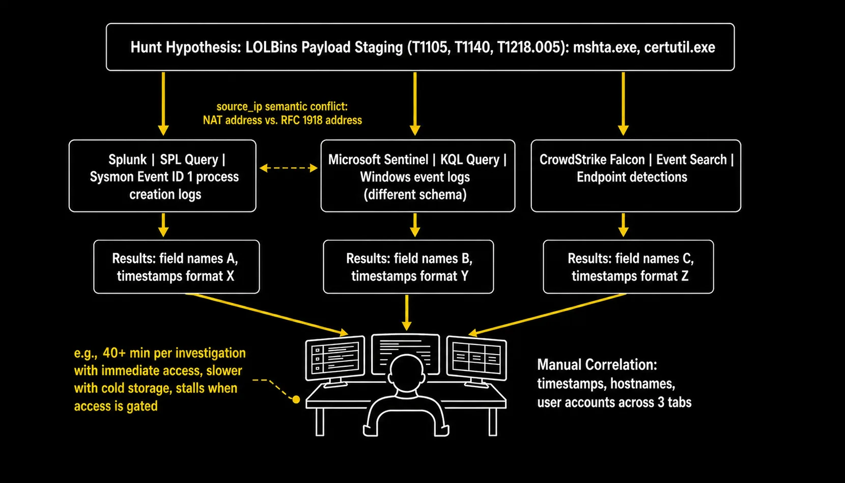 Dark architecture diagram of Splunk, Sentinel, and CrowdStrike noting IP semantic conflicts and investigation timelines.