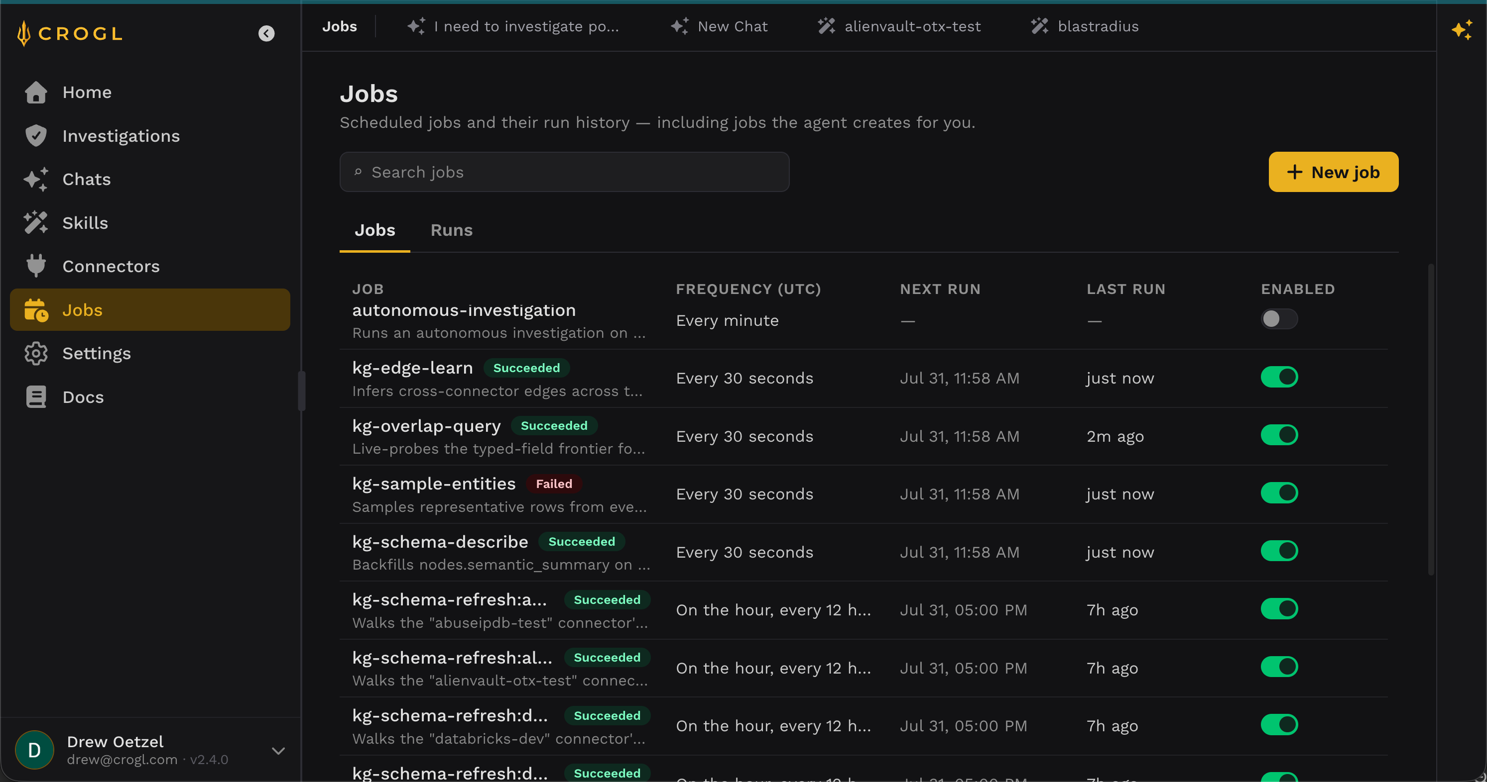 Crogl's Jobs page listing scheduled jobs, including autonomous investigations and recurring knowledge graph maintenance tasks, with their frequency, last run status, and next run time